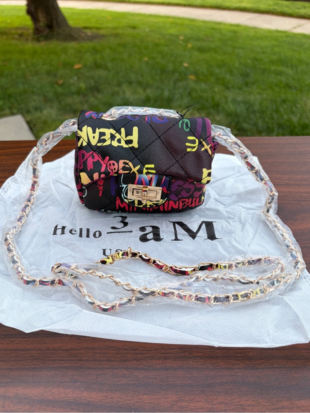 Hello 3AM Graffiti Mini Crossbody Bag Gold Chain Multicolor New